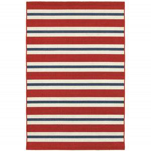 Homeroots 7' X 10' Red And Ivory Geometric Stain Resistant Indoor Outdoor Area Rug Red,Blue Polypropylene 507153