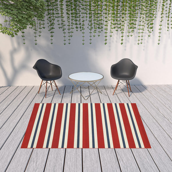 Homeroots 7' X 10' Red And Ivory Geometric Stain Resistant Indoor Outdoor Area Rug Red,Blue Polypropylene 507153
