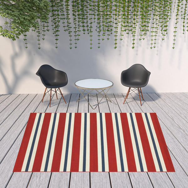 Homeroots 8' X 11' Red And Ivory Geometric Stain Resistant Indoor Outdoor Area Rug Red,Blue Polypropylene 507154