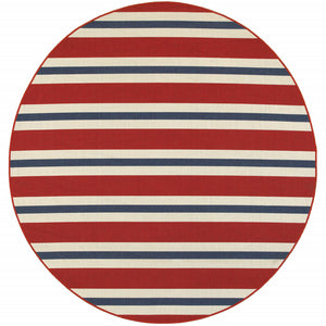 Homeroots 8' X 8' Red And Ivory Round Geometric Stain Resistant Indoor Outdoor Area Rug Red,Blue Polypropylene 507156