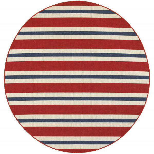 Homeroots 8' X 8' Red And Ivory Round Geometric Stain Resistant Indoor Outdoor Area Rug Red,Blue Polypropylene 507156