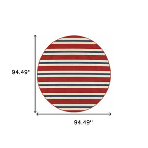 Homeroots 8' X 8' Red And Ivory Round Geometric Stain Resistant Indoor Outdoor Area Rug Red,Blue Polypropylene 507156