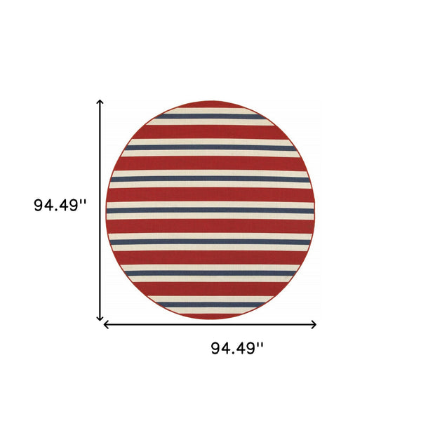 Homeroots 8' X 8' Red And Ivory Round Geometric Stain Resistant Indoor Outdoor Area Rug Red,Blue Polypropylene 507156