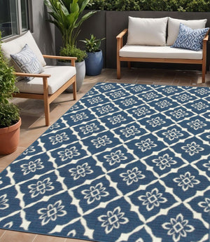 Floral Lattice Indoor Outdoor Area Rug Stain Resistant Low Pile Navy Ivory Patio Living Room