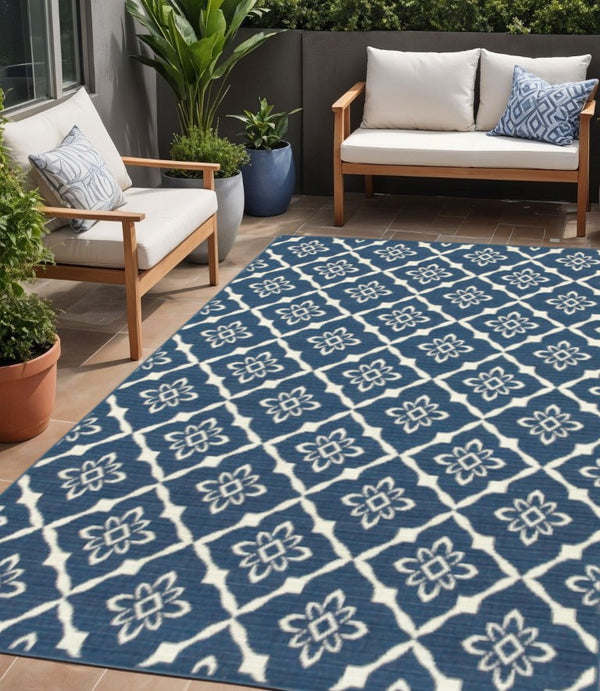 Floral Lattice Indoor Outdoor Area Rug Stain Resistant Low Pile Navy Ivory Patio Living Room