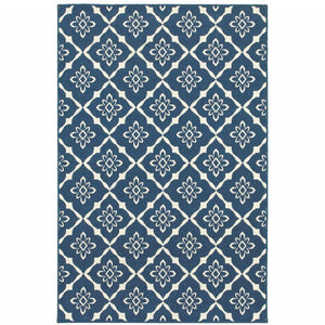 Floral Lattice Indoor Outdoor Area Rug Stain Resistant Low Pile Navy Ivory Patio Living Room