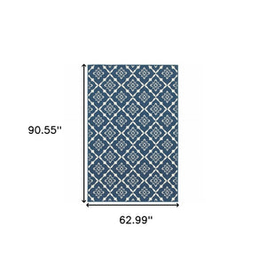 Floral Lattice Indoor Outdoor Area Rug Stain Resistant Low Pile Navy Ivory Patio Living Room