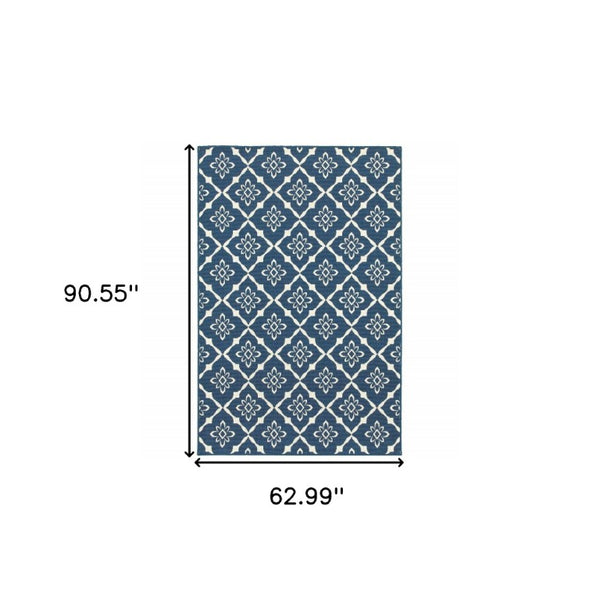 Floral Lattice Indoor Outdoor Area Rug Stain Resistant Low Pile Navy Ivory Patio Living Room