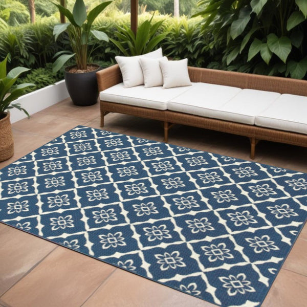 Floral Lattice Indoor Outdoor Area Rug Stain Resistant Low Pile Navy Ivory Patio Living Room