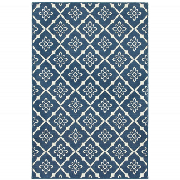 Floral Lattice Indoor Outdoor Area Rug Stain Resistant Low Pile Navy Ivory Patio Living Room