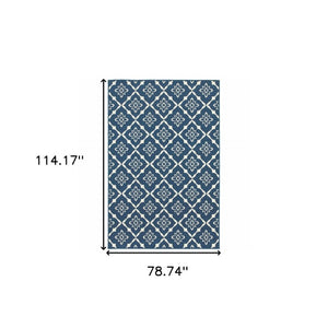 Floral Lattice Indoor Outdoor Area Rug Stain Resistant Low Pile Navy Ivory Patio Living Room
