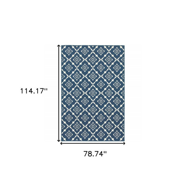 Floral Lattice Indoor Outdoor Area Rug Stain Resistant Low Pile Navy Ivory Patio Living Room