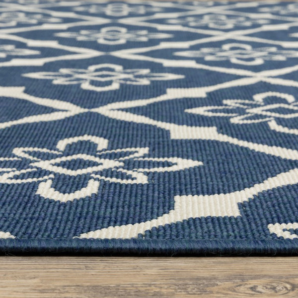 Floral Lattice Indoor Outdoor Area Rug Stain Resistant Low Pile Navy Ivory Patio Living Room