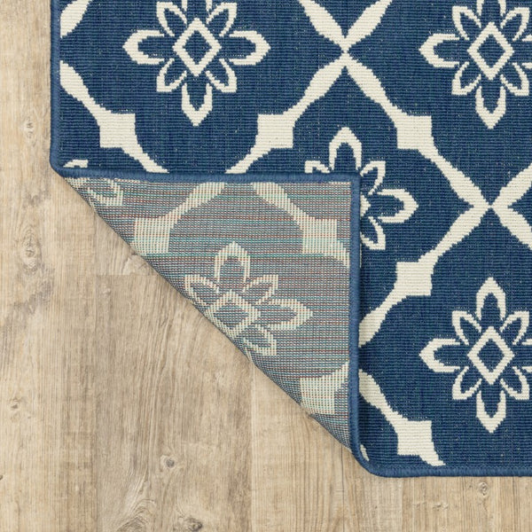 Floral Lattice Indoor Outdoor Area Rug Stain Resistant Low Pile Navy Ivory Patio Living Room