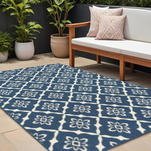 Floral Lattice Indoor Outdoor Area Rug Stain Resistant Low Pile Navy Ivory Patio Living Room