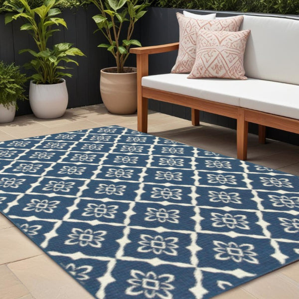 Floral Lattice Indoor Outdoor Area Rug Stain Resistant Low Pile Navy Ivory Patio Living Room
