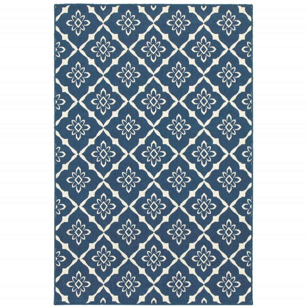 HomeRoots 5' Blue and Ivory Floral Area Rug - Stain Resistant, Durable Design for Indoor and Outdoor Spaces 7'10" x 10'10" 507162
