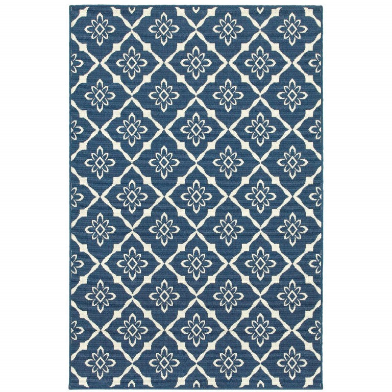 HomeRoots Floral Lattice Indoor Outdoor Area Rug Stain Resistant Low Pile Navy Ivory Patio Living Room 9' x 13' 507163