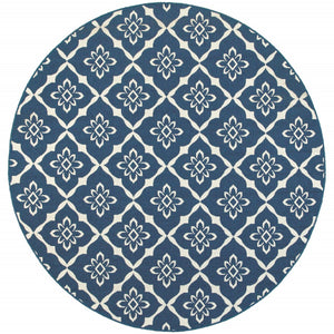 HomeRoots 5' Blue and Ivory Floral Area Rug - Stain Resistant, Durable Design for Indoor and Outdoor Spaces 7'10" Round 507164