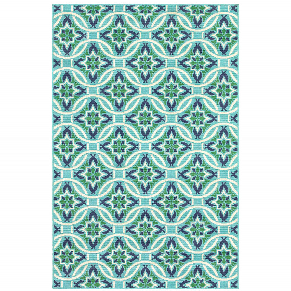 Homeroots 4' Blue And Green Geometric Indoor Outdoor Rug - Stain Resistant, Stylish, And Perfect For Pets! 3'7" X 5'6" Polypropylene 507167