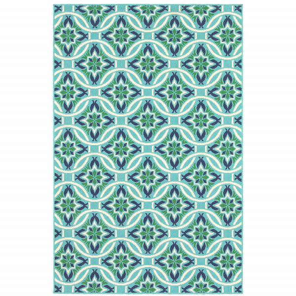 Homeroots 4' Blue And Green Geometric Indoor Outdoor Rug - Stain Resistant, Stylish, And Perfect For Pets! 3'7" X 5'6" Polypropylene 507167