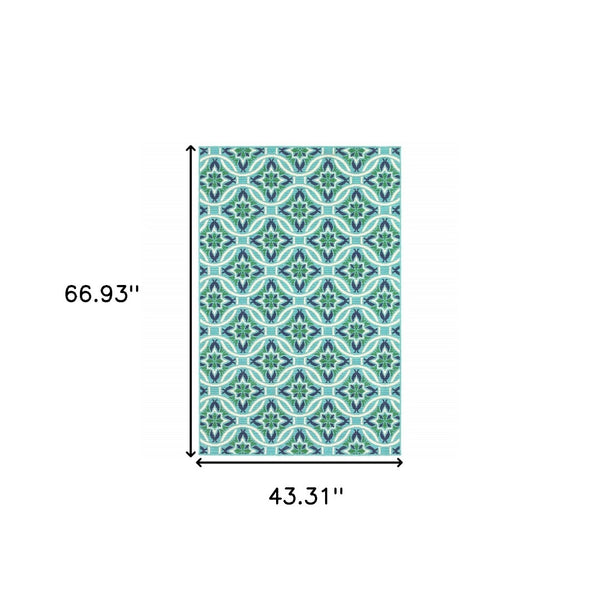 Homeroots 4' Blue And Green Geometric Indoor Outdoor Rug - Stain Resistant, Stylish, And Perfect For Pets! 3'7" X 5'6" Polypropylene 507167