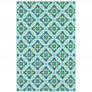 HomeRoots 5' Geometric Indoor/Outdoor Area Rug in Blue and Green - Stain Resistant, Durable, Modern Design 5'3" x 7'6" 507168