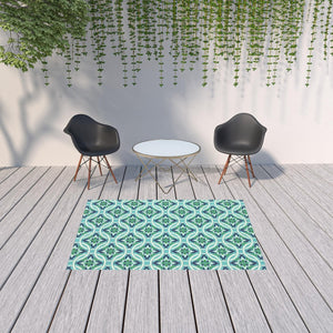 HomeRoots 5' Geometric Indoor/Outdoor Area Rug in Blue and Green - Stain Resistant, Durable, Modern Design 5'3" x 7'6" 507168