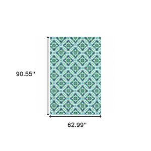 HomeRoots 5' Geometric Indoor/Outdoor Area Rug in Blue and Green - Stain Resistant, Durable, Modern Design 5'3" x 7'6" 507168