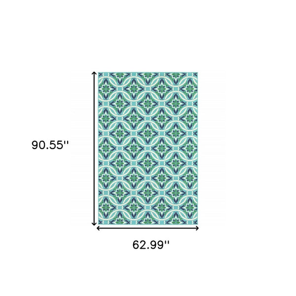 HomeRoots 5' Geometric Indoor/Outdoor Area Rug in Blue and Green - Stain Resistant, Durable, Modern Design 5'3" x 7'6" 507168
