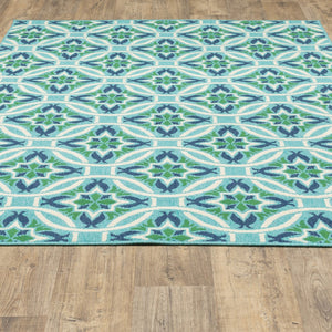 HomeRoots 5' Geometric Indoor/Outdoor Area Rug in Blue and Green - Stain Resistant, Durable, Modern Design 5'3" x 7'6" 507168