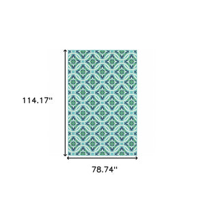 HomeRoots 5' Geometric Indoor/Outdoor Area Rug in Blue and Green - Stain Resistant, Durable, Modern Design 6'7" x 9'6" 507169