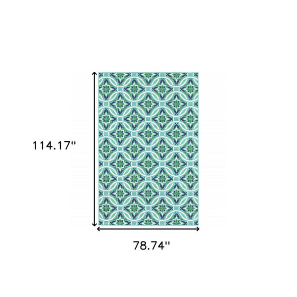 HomeRoots 5' Geometric Indoor/Outdoor Area Rug in Blue and Green - Stain Resistant, Durable, Modern Design 6'7" x 9'6" 507169