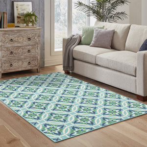 HomeRoots 5' Geometric Indoor/Outdoor Area Rug in Blue and Green - Stain Resistant, Durable, Modern Design 6'7" x 9'6" 507169