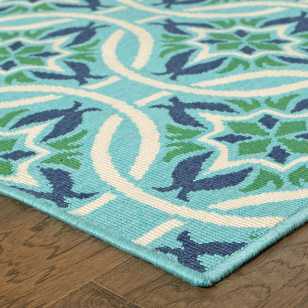 HomeRoots 5' Geometric Indoor/Outdoor Area Rug in Blue and Green - Stain Resistant, Durable, Modern Design 6'7" x 9'6" 507169