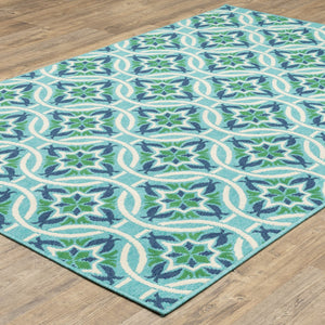 HomeRoots 5' Geometric Indoor/Outdoor Area Rug in Blue and Green - Stain Resistant, Durable, Modern Design 6'7" x 9'6" 507169