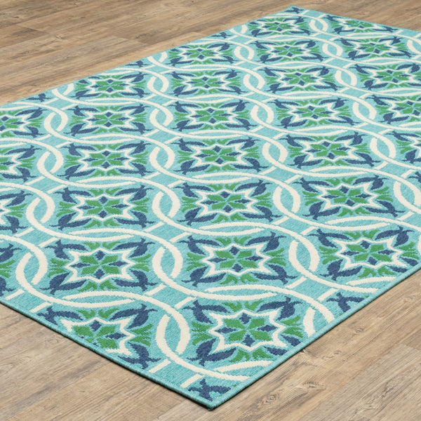 HomeRoots 5' Geometric Indoor/Outdoor Area Rug in Blue and Green - Stain Resistant, Durable, Modern Design 6'7" x 9'6" 507169