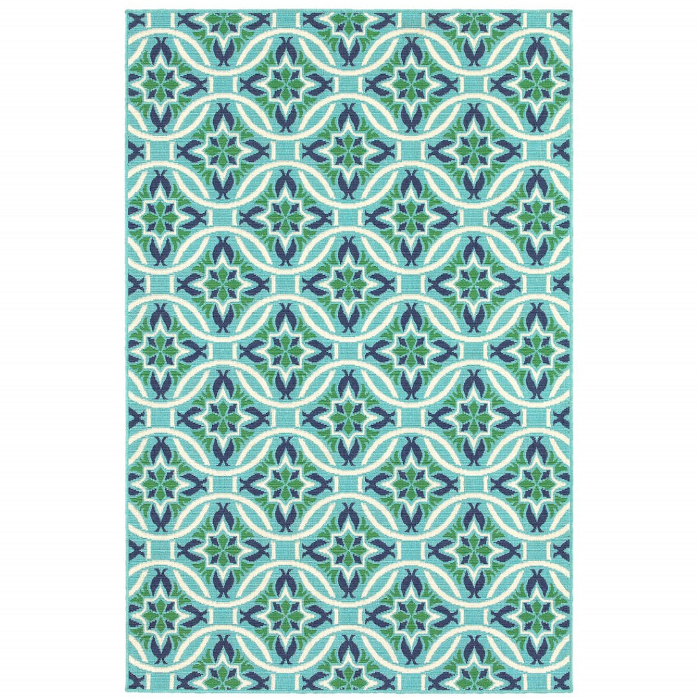 HomeRoots 5' Geometric Indoor/Outdoor Area Rug in Blue and Green - Stain Resistant, Durable, Modern Design 7'10" x 10'10" 507170