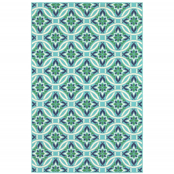 HomeRoots 5' Geometric Indoor/Outdoor Area Rug in Blue and Green - Stain Resistant, Durable, Modern Design 7'10" x 10'10" 507170