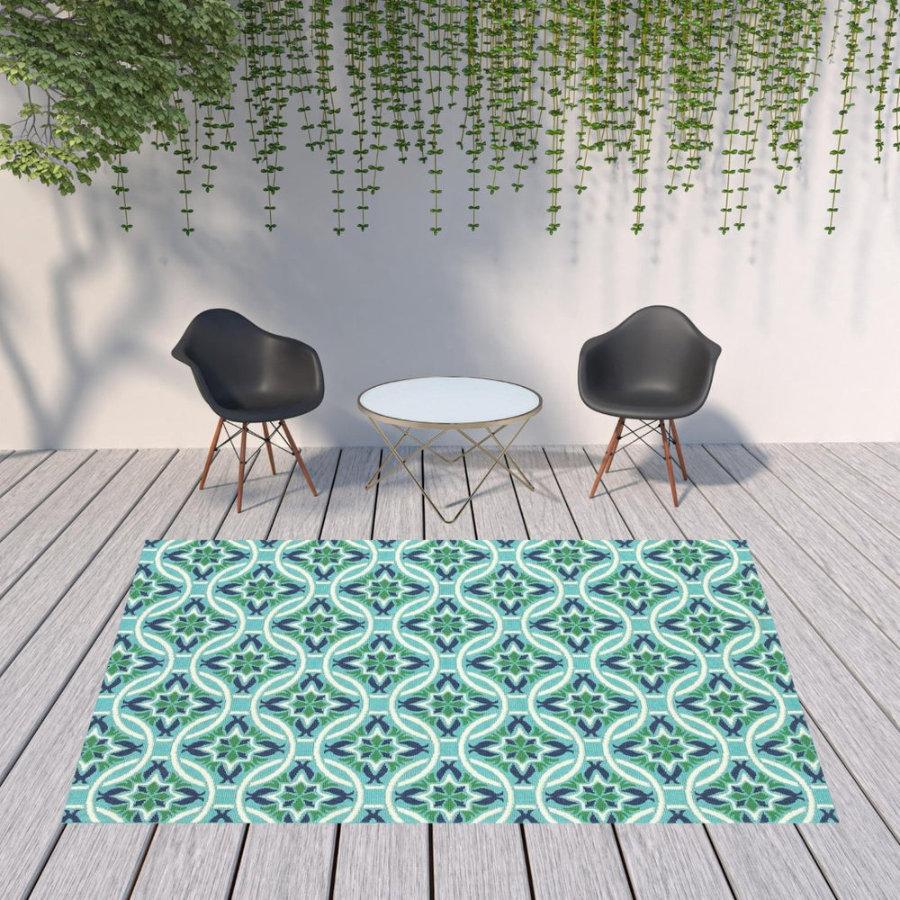 HomeRoots 5' Geometric Indoor/Outdoor Area Rug in Blue and Green - Stain Resistant, Durable, Modern Design 7'10" x 10'10" 507170