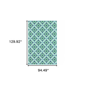 HomeRoots 5' Geometric Indoor/Outdoor Area Rug in Blue and Green - Stain Resistant, Durable, Modern Design 7'10" x 10'10" 507170