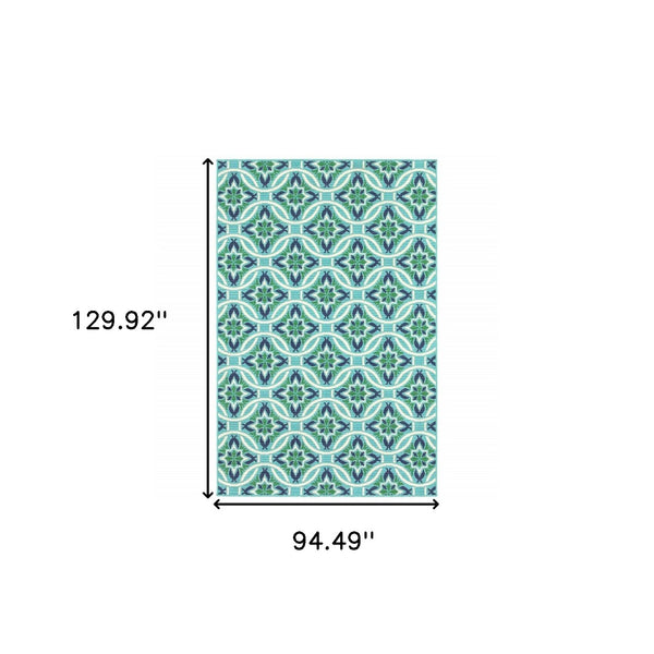 HomeRoots 5' Geometric Indoor/Outdoor Area Rug in Blue and Green - Stain Resistant, Durable, Modern Design 7'10" x 10'10" 507170
