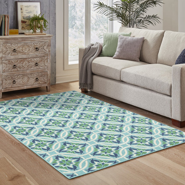 HomeRoots 5' Geometric Indoor/Outdoor Area Rug in Blue and Green - Stain Resistant, Durable, Modern Design 7'10" x 10'10" 507170