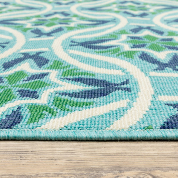 HomeRoots 5' Geometric Indoor/Outdoor Area Rug in Blue and Green - Stain Resistant, Durable, Modern Design 7'10" x 10'10" 507170