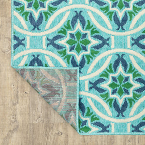 HomeRoots 5' Geometric Indoor/Outdoor Area Rug in Blue and Green - Stain Resistant, Durable, Modern Design 7'10" x 10'10" 507170