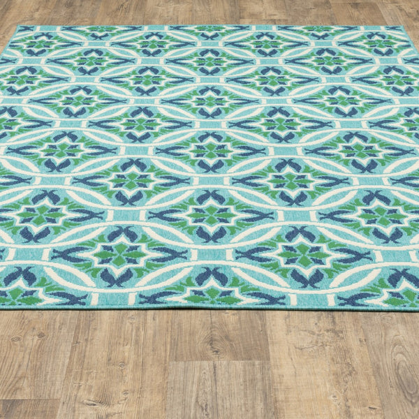HomeRoots 5' Geometric Indoor/Outdoor Area Rug in Blue and Green - Stain Resistant, Durable, Modern Design 7'10" x 10'10" 507170
