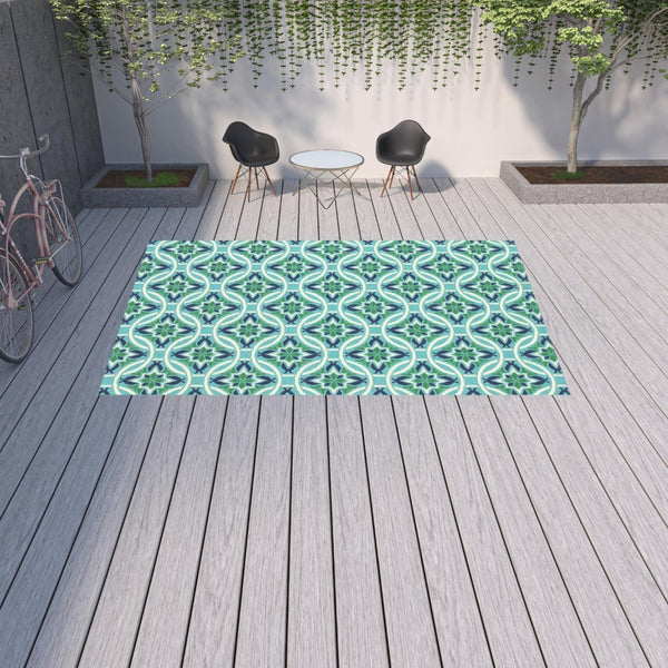 HomeRoots 5' Geometric Indoor/Outdoor Area Rug in Blue and Green - Stain Resistant, Durable, Modern Design 8'6" x 13' 507171