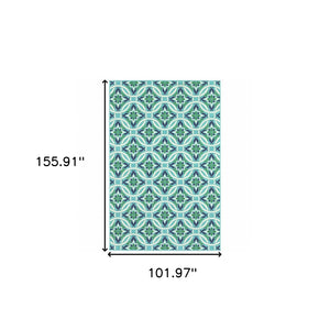 HomeRoots 5' Geometric Indoor/Outdoor Area Rug in Blue and Green - Stain Resistant, Durable, Modern Design 8'6" x 13' 507171