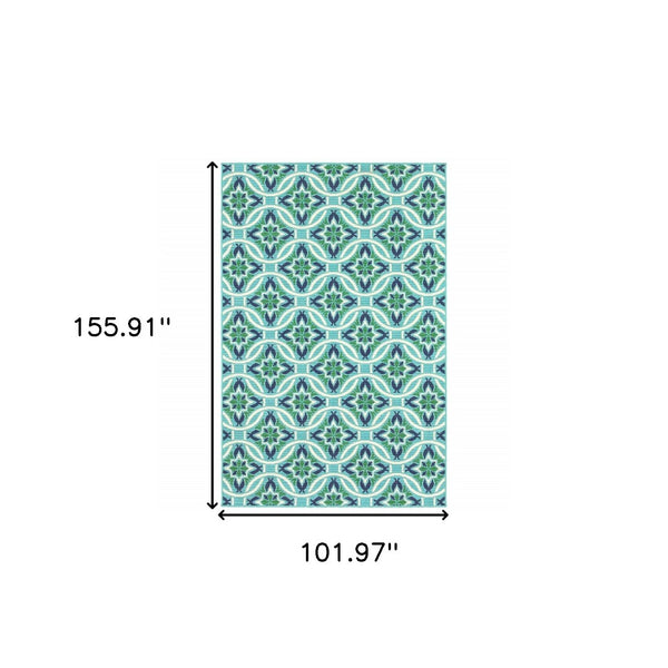 HomeRoots 5' Geometric Indoor/Outdoor Area Rug in Blue and Green - Stain Resistant, Durable, Modern Design 8'6" x 13' 507171