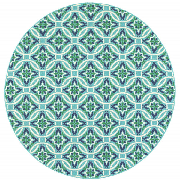 HomeRoots 5' Geometric Indoor/Outdoor Area Rug in Blue and Green - Stain Resistant, Durable, Modern Design 7'10" Round 507172